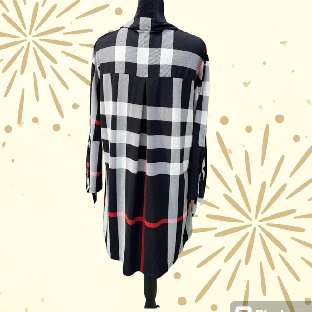 Lildy tunic with V-neck, Plaid black, red & tan, women's size L-XL